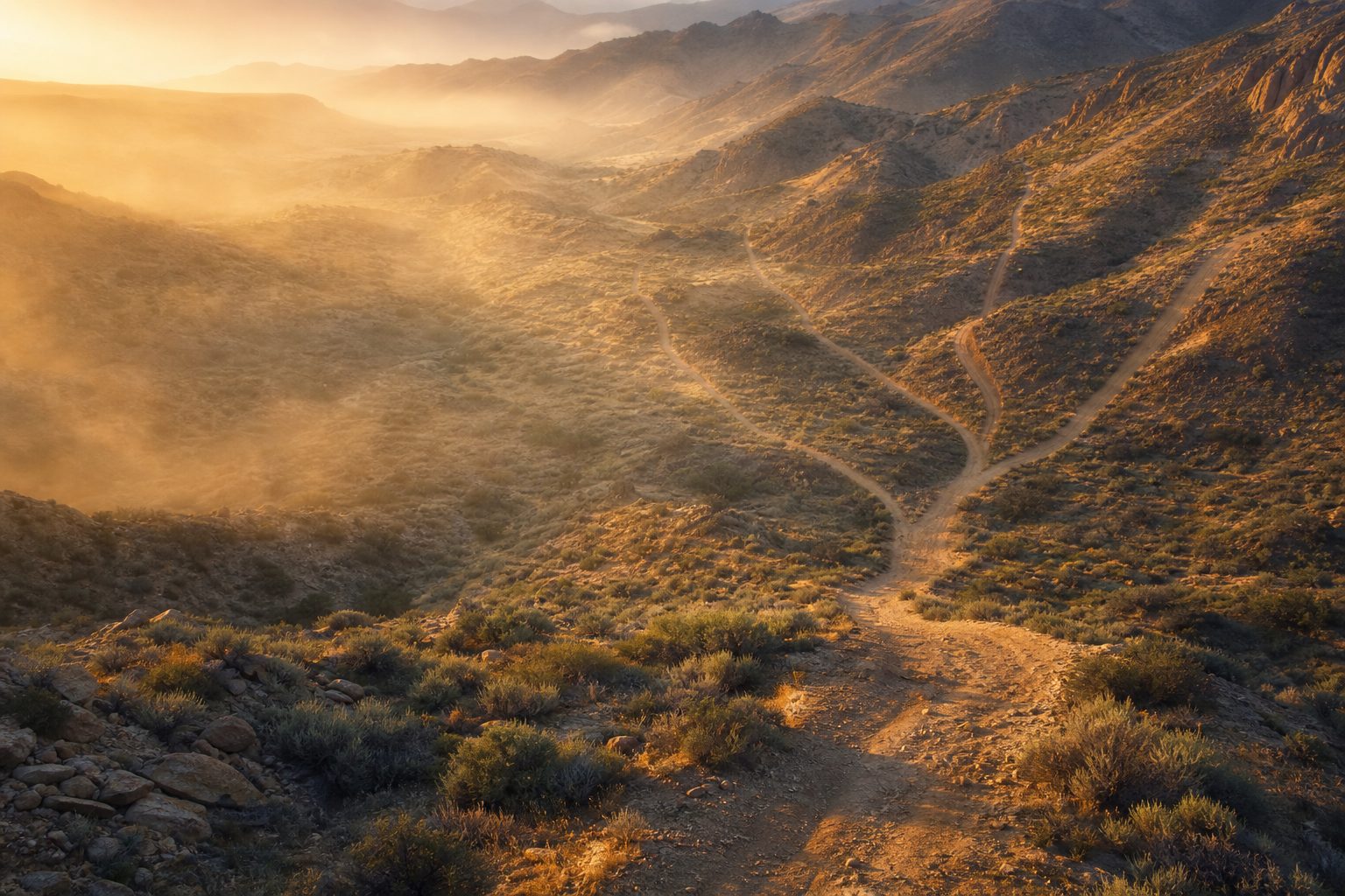 Multiple singletrack trails converging into one main route at dawn — tracks from different platforms coming together as portable GPX files