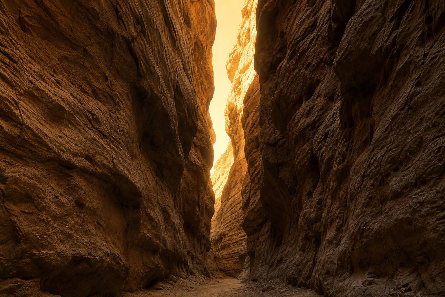 Looking up from a slot canyon floor at a thin ribbon of sky between towering rock walls — terrain that hides most of the satellite constellation