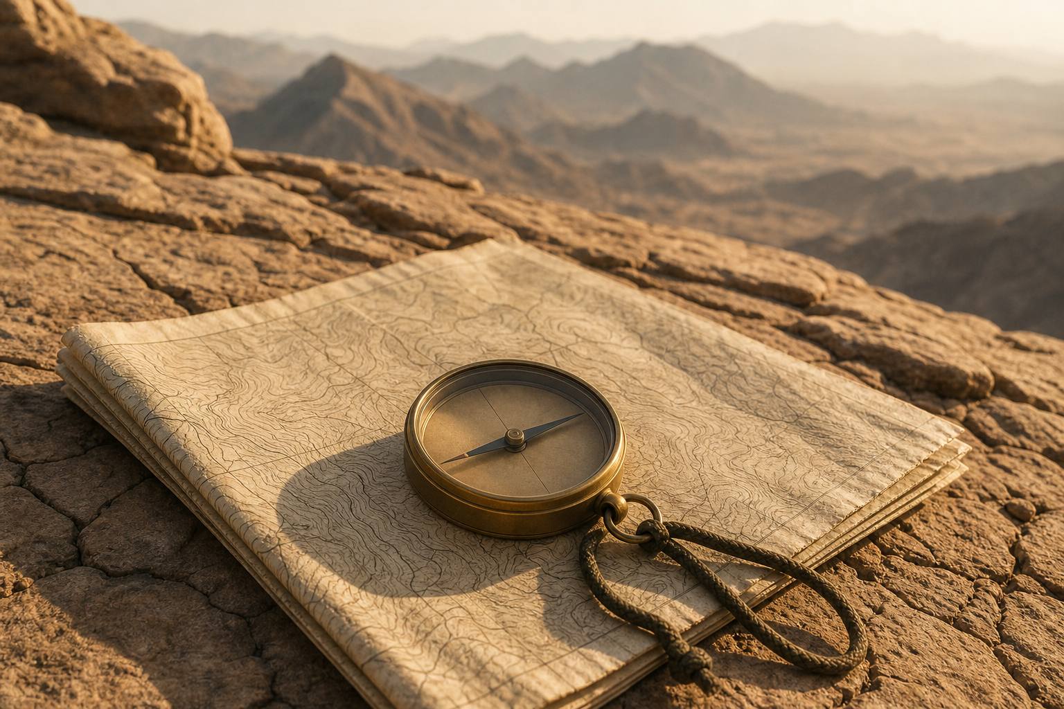 A brass compass resting on a folded topographic map on desert rock — the navigation layer that needs no battery, whichever device you carry