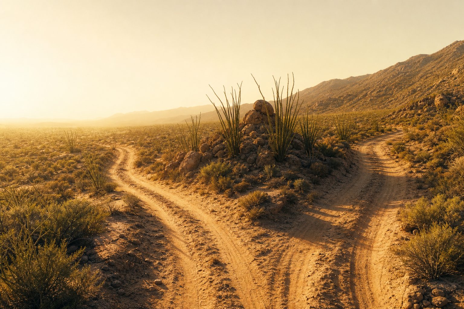 A desert trail splitting across open terrain at golden hour — one recorded GPX track divided into clean segments
