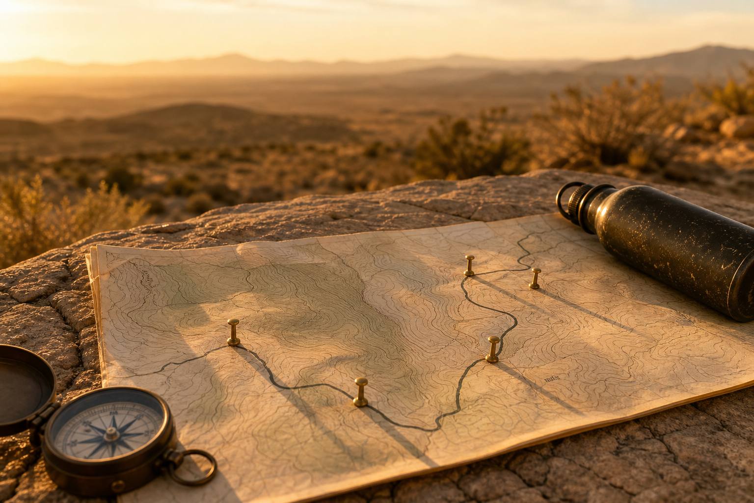 A topographic map pinned with brass markers along a drawn route — the paper version of GPX waypoints marking water, camps, and junctions